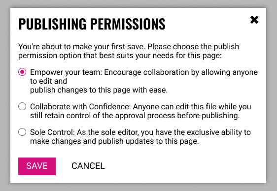Publishing permissions modal